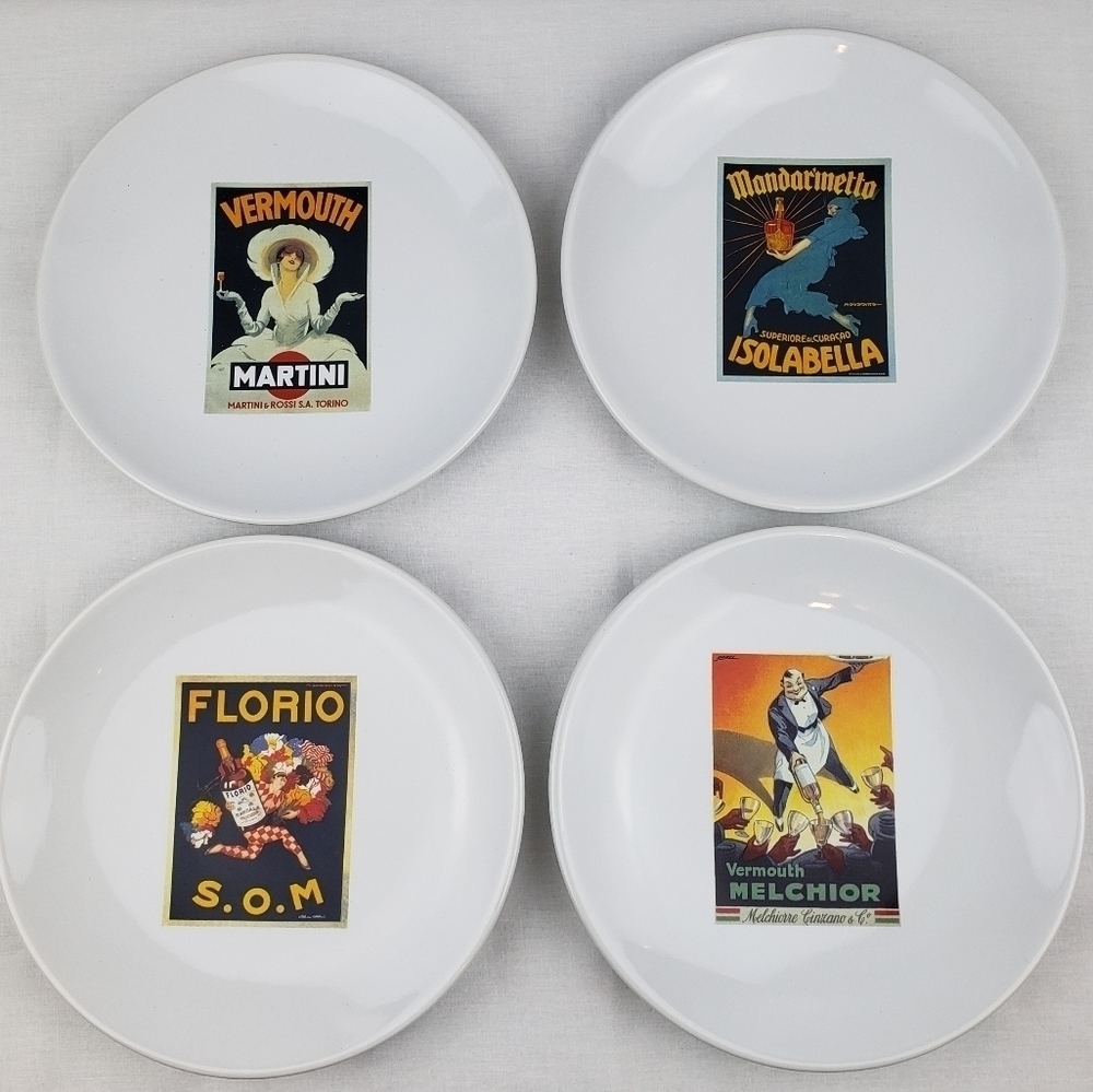 Pottery Barn Rare 2002 Vintage Movie Poster Liquor Salad Dessert Plates 4 Set #1